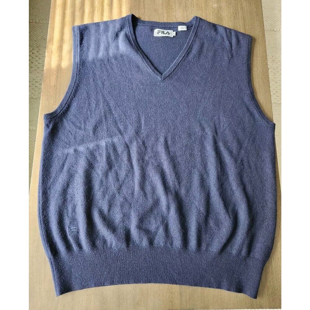 FILA Silk Cashmere Blend Sweater Vest Men L Navy V Neck Super Soft EUC